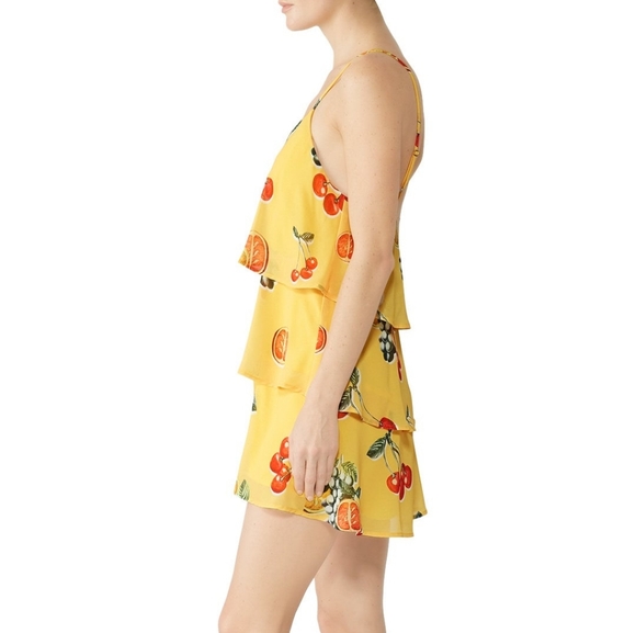 016 SHOW ME YOUR MUMU SUAREZ RUFFLE DRESS Yellow Fruit Print Layered Dress - Picture 11 of 12